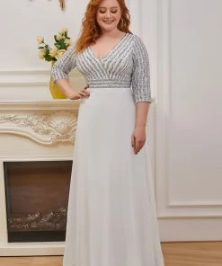 Ever-Pretty US Shiny Sequin Bodice Long Flowy White Wedding Dress With Sleeves Summer Dresses 2022