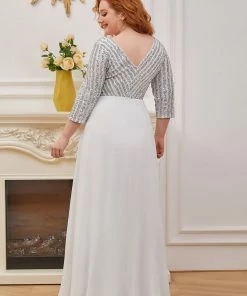 Ever-Pretty US Shiny Sequin Bodice Long Flowy White Wedding Dress With Sleeves Summer Dresses 2022