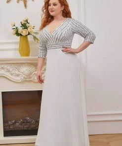 Ever-Pretty US Plus Size V Neck A-Line Sequin Formal Evening Dress With Sleeve