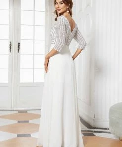 Ever-Pretty US Shiny Sequin Bodice Long Flowy White Wedding Dress With Sleeves Summer Dresses 2022