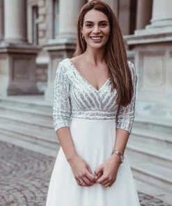 Ever-Pretty US Shiny Sequin Bodice Long Flowy White Wedding Dress With Sleeves Summer Dresses 2022