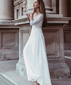 Ever-Pretty US Shiny Sequin Bodice Long Flowy White Wedding Dress With Sleeves Summer Dresses 2022