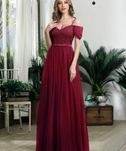 Ever-Pretty US SHOP BY OCCASION Cold Shoulder Sequin Bodice Long Tulle Bridesmaid Dress