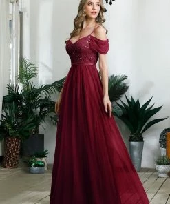Ever-Pretty US SHOP BY OCCASION Cold Shoulder Sequin Bodice Long Tulle Bridesmaid Dress