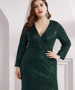 Ever-Pretty US Shiny V Neck Plus Size Long Sleeve Sequin Formal Evening Dress SHOP BY OCCASION