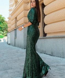 Ever-Pretty US SHOP BY OCCASION Shiny V Neck Sequin Long Sleeves Evening Dress