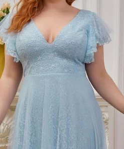 Ever-Pretty US Custom Size Double V Neck Long Lace Evening Dress With Ruffle Sleeves Summer Dresses 2022