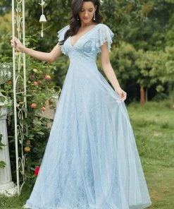 Ever-Pretty US Double V Neck Long Lace Evening Dress With Ruffle Sleeves SHOP BY OCCASION