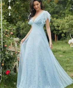 Ever-Pretty US Custom Size Double V Neck Long Lace Evening Dress With Ruffle Sleeves Summer Dresses 2022