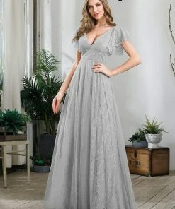 Ever-Pretty US Custom Size Double V Neck Long Lace Evening Dress With Ruffle Sleeves Summer Dresses 2022