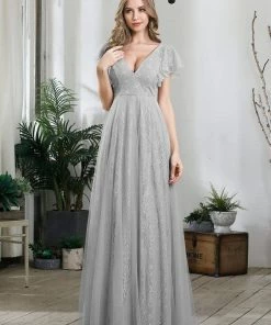 Ever-Pretty US Custom Size Double V Neck Long Lace Evening Dress With Ruffle Sleeves Summer Dresses 2022