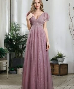 Ever-Pretty US Double V Neck Long Lace Evening Dress With Ruffle Sleeves SHOP BY OCCASION