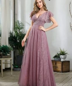 Ever-Pretty US Double V Neck Long Lace Evening Dress With Ruffle Sleeves SHOP BY OCCASION