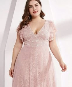 Ever-Pretty US Custom Size Double V Neck Long Lace Evening Dress With Ruffle Sleeves Summer Dresses 2022