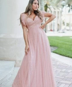 Ever-Pretty US Double V Neck Long Lace Evening Dress With Ruffle Sleeves SHOP BY OCCASION