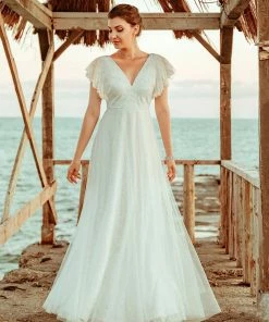 Ever-Pretty US SHOP BY STYLE Elegant Maxi Lace Elopement Wedding Dress With Ruffle Sleeves