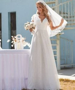 Ever-Pretty US Double V Neck Long Lace Evening Dress With Ruffle Sleeves SHOP BY OCCASION