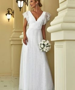 Ever-Pretty US Double V Neck Long Lace Evening Dress With Ruffle Sleeves SHOP BY OCCASION