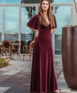 Ever-Pretty US Elegant Double V Neck Velvet Party Dress With Sleeves