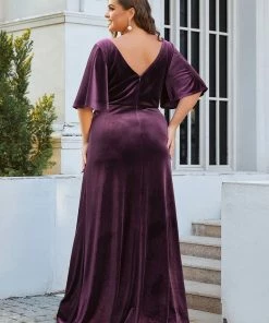 Ever-Pretty US Elegant Double V Neck Velvet Party Dress With Sleeves