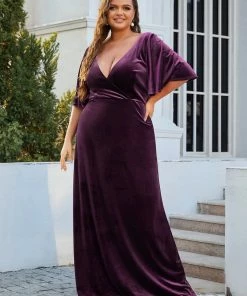 Ever-Pretty US Elegant Double V Neck Velvet Party Dress With Sleeves