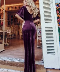 Ever-Pretty US Elegant Double V Neck Velvet Party Dress With Sleeves