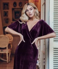 Ever-Pretty US Elegant Double V Neck Velvet Party Dress With Sleeves