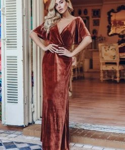 Ever-Pretty US Elegant Double V Neck Velvet Party Dress With Sleeves