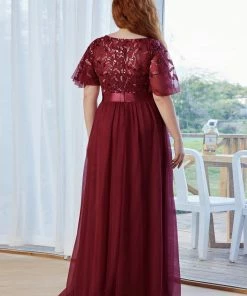 Ever-Pretty US SHOP BY OCCASION Women's A-Line Sequin Leaf Maxi Prom Dress With Sleeves