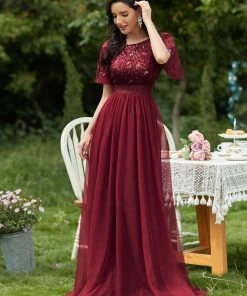 Ever-Pretty US SHOP BY OCCASION Women's A-Line Sequin Leaf Maxi Prom Dress With Sleeves