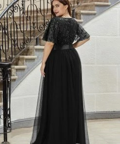 Ever-Pretty US Custom Size Women's A-Line Sequin Leaf Maxi Prom Dress With Sleeves