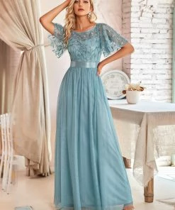 Ever-Pretty US Custom Size Women's A-Line Sequin Leaf Maxi Prom Dress With Sleeves