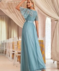 Ever-Pretty US Custom Size Women's A-Line Sequin Leaf Maxi Prom Dress With Sleeves