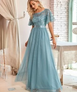 Ever-Pretty US Custom Size Women's A-Line Sequin Leaf Maxi Prom Dress With Sleeves