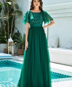 Ever-Pretty US SHOP BY OCCASION Women's A-Line Short Sleeve Embroidery Floor Length Evening Dresses