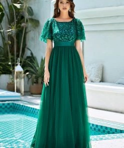 Ever-Pretty US Custom Size Women's A-Line Sequin Leaf Maxi Prom Dress With Sleeves