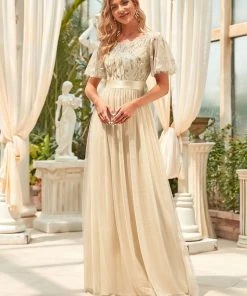 Ever-Pretty US SHOP BY OCCASION Women's A-Line Sequin Leaf Maxi Prom Dress With Sleeves