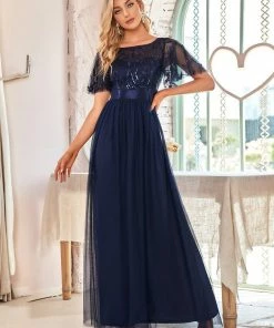 Ever-Pretty US Custom Size Women's A-Line Sequin Leaf Maxi Prom Dress With Sleeves