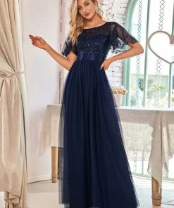 Ever-Pretty US SHOP BY OCCASION Women's A-Line Sequin Leaf Maxi Prom Dress With Sleeves