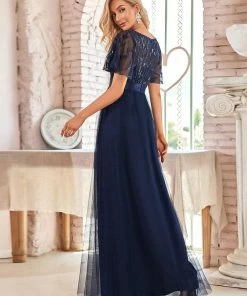 Ever-Pretty US SHOP BY OCCASION Women's A-Line Sequin Leaf Maxi Prom Dress With Sleeves