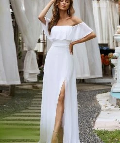 Ever-Pretty US Plain Off Shoulder Chiffon Wedding Dress With Side Split