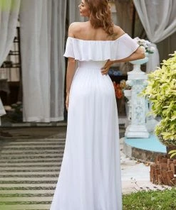 Ever-Pretty US Plain Off Shoulder Chiffon Wedding Dress With Side Split