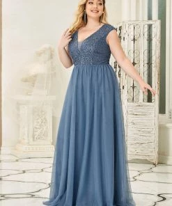 Ever-Pretty US Plus Size Maxi Long Sequin Formal Prom Dress With Cap Sleeve SHOP BY OCCASION