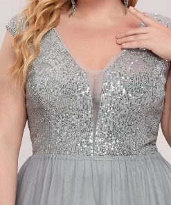 Ever-Pretty US Plus Size Maxi Long Sequin Formal Prom Dress With Cap Sleeve SHOP BY OCCASION