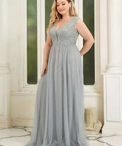 Ever-Pretty US Plus Size Maxi Long Sequin Formal Prom Dress With Cap Sleeve SHOP BY OCCASION