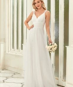 Ever-Pretty US Deep V Neck Pleated Bodice Simple Tulle Wedding Dress