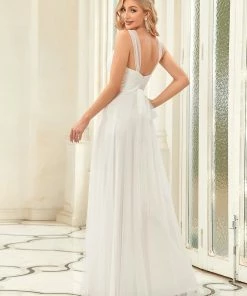 Ever-Pretty US Deep V Neck Pleated Bodice Simple Tulle Wedding Dress
