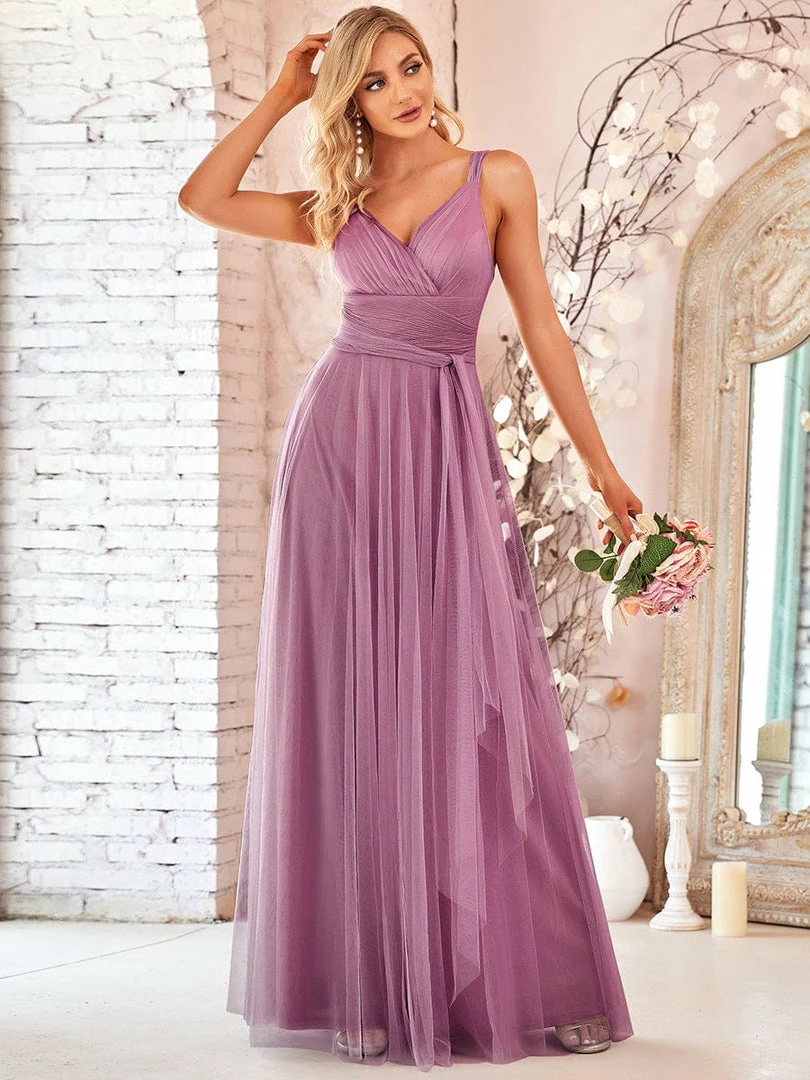 Ever-Pretty US Floor Length Double V Neck Tulle Bridesmaid Dresses 1 Ever-Pretty US Floor Length Double V Neck Tulle Bridesmaid Dresses