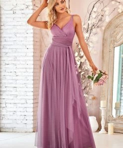 Ever-Pretty US Custom Size Floor Length Double V Neck Tulle Bridesmaid Dresses White Dresses