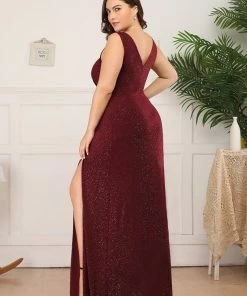 Ever-Pretty US SHOP BY OCCASION Floor Length V Neck Shiny Evening Dress With Side Split